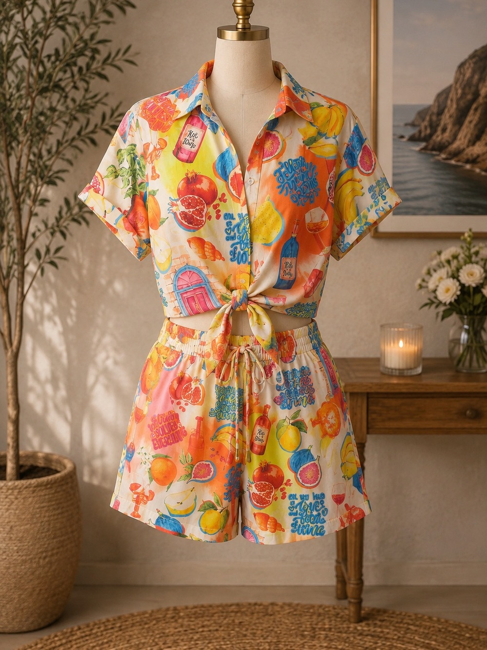 Summer Fruit Print Tie-Front Women's Shorts set- Multicolor